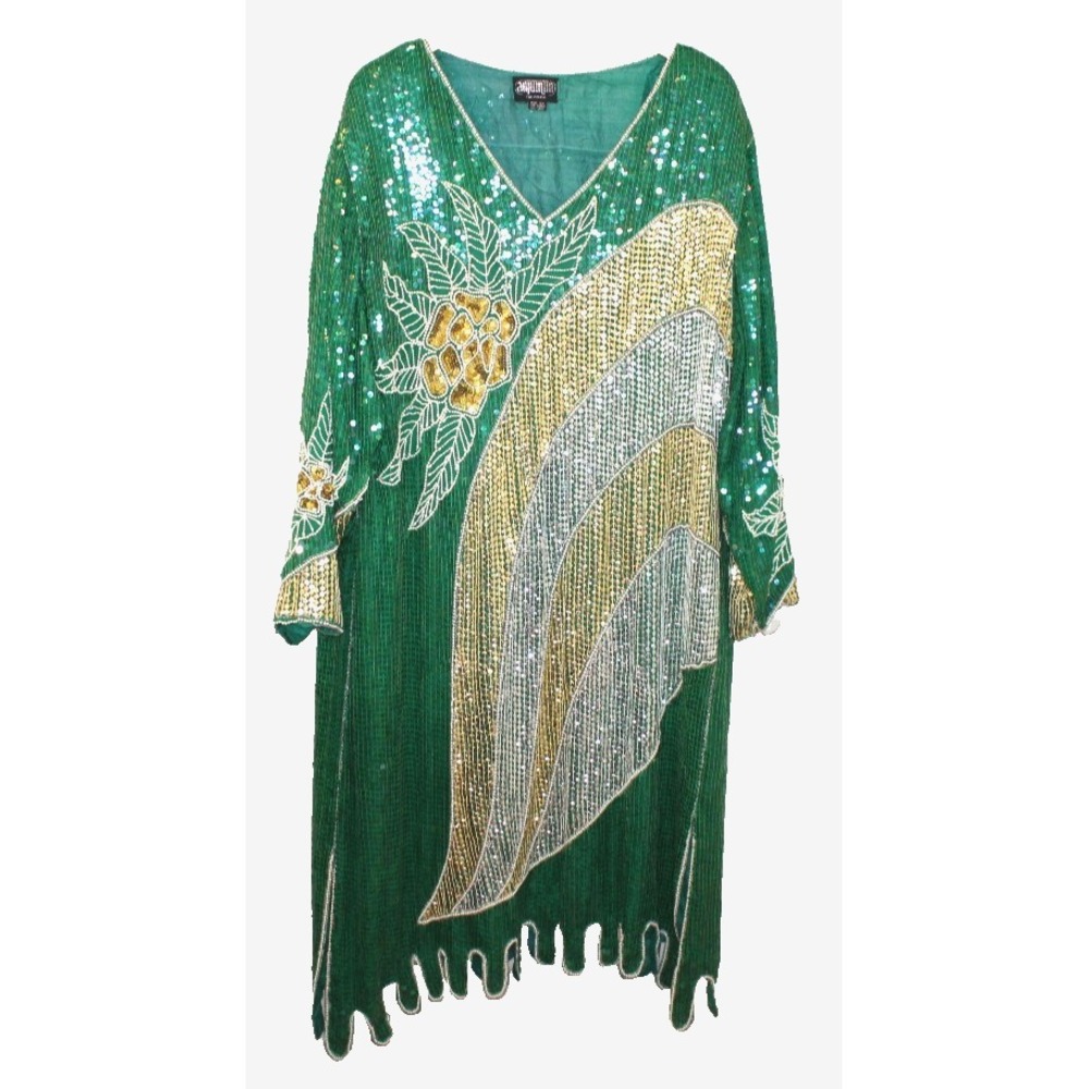 vintage Anjumun California green silk beaded sequined gown dress formal *READ*